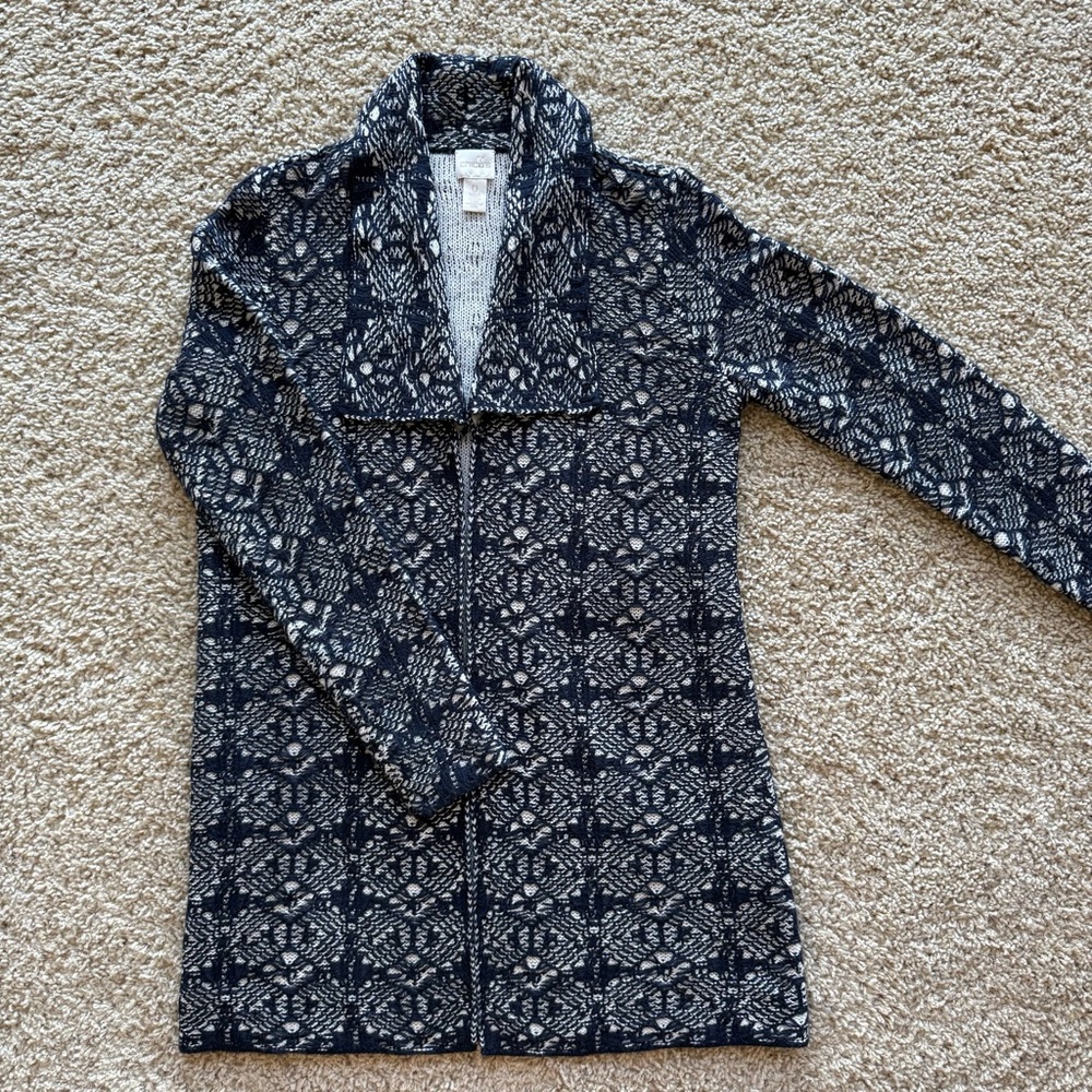 Chico's Lace Navy Blue & White Long Cardigan Open Sweater Collar Blazer - US 4